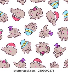 Cute kawaii elephant. Seamless pattern. Cartoon funny characters. Hand drawn style. Vector drawing. Design ornaments.