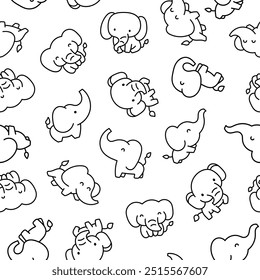 Cute kawaii elephant. Seamless pattern. Coloring Page. Cartoon funny characters. Hand drawn style. Vector drawing. Design ornaments.