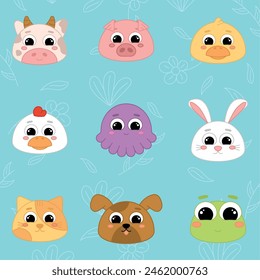 Cute kawaii emoji animal icons set Vector illustration