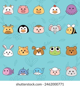 Cute kawaii emoji animal icons set Vector illustration
