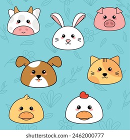 Cute kawaii emoji animal icons set Vector illustration