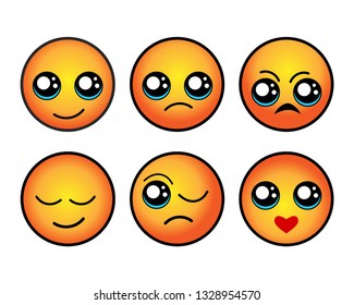 Cute Kawaii emoticons with different emotions on the face for mobile applications. Image in Kawai style. Cartoon smilies.
