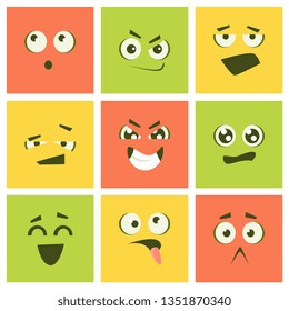 Cute Kawaii Emoticons Set, Colorful Emoji Squares with Different Emotions Vector Illustration