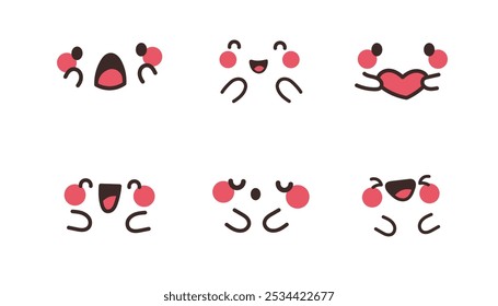 Cute kawaii emoticons set. Funny kawaii faces. Vector illustration