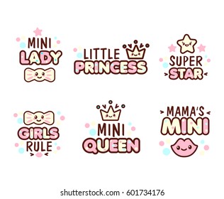 Cute Kawaii emoticons with text Mini Lady, Little Princess, Queen, for t-shirt print, vector style composition with lettering isolated on white