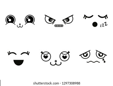 Cute kawaii emotions faces: happy, angry, in love, sad, sleepy, smiling