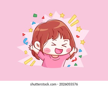 Cute and kawaii Excited Girl With Happy Hooray expression manga chibi Illustration