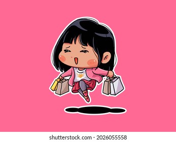 Cute and kawaii excited shopaholic Girl Holding shopping bag manga chibi Illustration