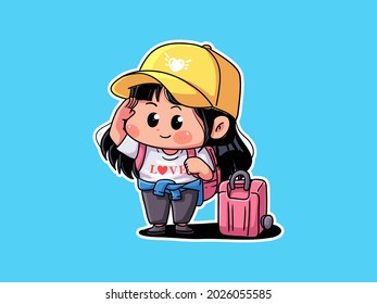 Cute and kawaii Excited Traveler Girl Bring Suitcase for Holiday Manga Chibi Illustration