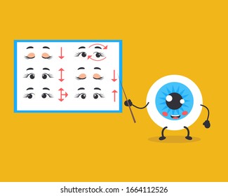 Cute kawaii eye. Set of exercises for the eyes. Good eyesight! Vector cartoon style. Ophthalmology concept. Eyesight examination and correction.