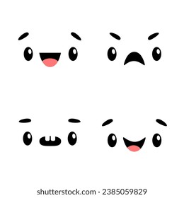 Cute kawaii face emoticons character icon set. Eyes, mouth, tongue, brows. Cartoon funny baby character. Sad, happy, smiling emotion emoji template. Flat design. Isolated. White background. Vector