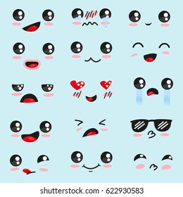 Cute kawaii face, emotion. Cartoon vector icons isolated on background.