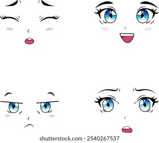 Cute Kawaii face expressions set isolated on a white background vector illustration