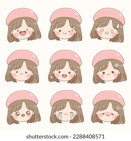 Cute kawaii cara chica emoji expresión colección