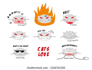 Cute Kawaii Face Icon Set on White Background. Vector. Evil cats