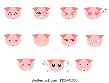 Cute Kawaii Face Icon Set on White Background. Vector