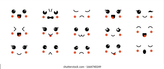 Cute kawaii face set. Funny cartoon eyes and mouths manga style japanese emoticon anime character expression. Vector illustration isolated on white background