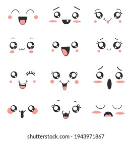 Cute kawaii faces isolated on white background 