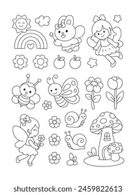 Cute Kawaii fairy bunny with mushroom house and flowers doodle coloring page illustration