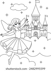 Cute kawaii fairy with castle outline coloring page for kids