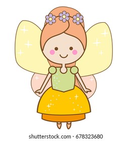 Cute kawaii fairy character. Winged pixie princess in beautiful dress. Cartoon style, girls kids stickers, children illustration, scrapbook element