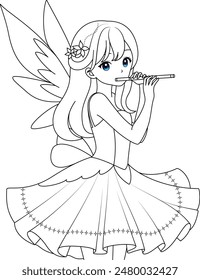 Cute kawaii fairy is fluting isolated on white background outline coloring page for kids
