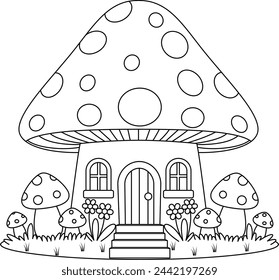 Cute kawaii Fairy Mushroom House cartoon coloring page vector illustration