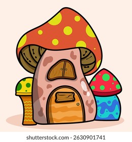 Cute kawaii Fairy Mushroom House cartoon of fantasy landscape with cute tale or game home for little inhabitants for coloring pages, tshirt and education