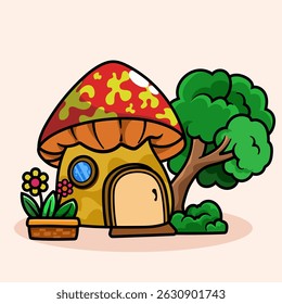 Cute kawaii Fairy Mushroom House cartoon of fantasy landscape with cute tale or game home for little inhabitants for coloring pages, tshirt and education