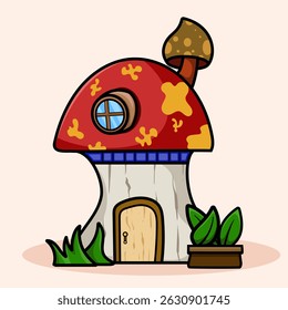 Cute kawaii Fairy Mushroom House cartoon of fantasy landscape with cute tale or game home for little inhabitants for coloring pages, tshirt and education