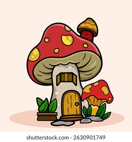 Cute kawaii Fairy Mushroom House cartoon of fantasy landscape with cute tale or game home for little inhabitants for coloring pages, tshirt and education