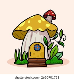 Cute kawaii Fairy Mushroom House cartoon of fantasy landscape with cute tale or game home for little inhabitants for coloring pages, tshirt and education