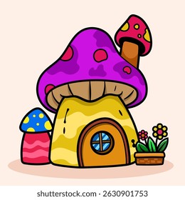 Cute kawaii Fairy Mushroom House cartoon of fantasy landscape with cute tale or game home for little inhabitants for coloring pages, tshirt and education
