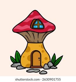 Cute kawaii Fairy Mushroom House cartoon of fantasy landscape with cute tale or game home for little inhabitants for coloring pages, tshirt and education