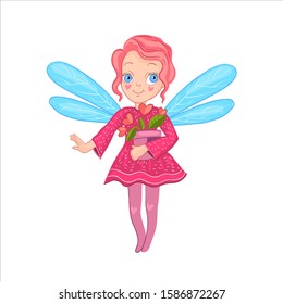 Cute kawaii fairy with pink hair and blue wings holding the pot with a flower. Little angel in cartoon style isolated on white. Vector illustration for nursery posters, prints, t-shirts, baby books 
