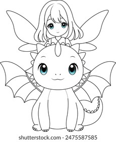 Lindo hada kawaii jugando con dragón amigable aislado en fondo blanco contorno para colorear página para niños