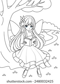 Cute kawaii fairy reading book under the tree outline coloring page for kids