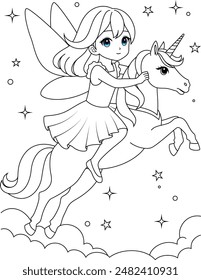 Cute kawaii fairy is riding unicorn cartoon character outline coloring page for kids