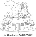 Cute kawaii fairy sitting mushroom house outline coloring page for kids