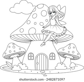 Cute kawaii fairy sitting mushroom house outline coloring page for kids