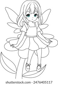 Cute kawaii fairy sitting on a flower isolated on white background outline coloring page for kids