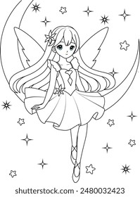 Cute kawaii fairy sitting on the moon outline coloring page for kids