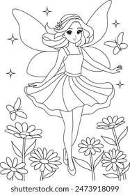 Cute kawaii fairy with sparkling wings flying over a flower garden outline coloring page for kids