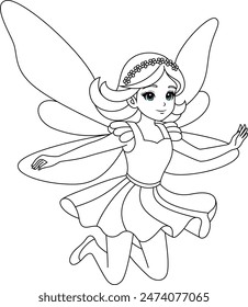 Cute kawaii fairy with sparkling wings flying isolated on white background outline coloring page for kids