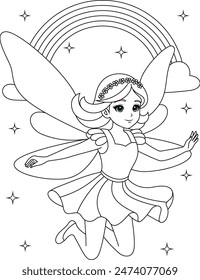 Cute kawaii fairy with sparkling wings flying on white background outline coloring page for kids