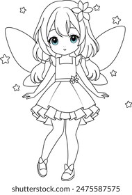 Cute kawaii fairy with sparkling wings isolated on white background outline coloring page for kids