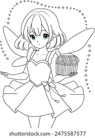 Cute kawaii fairy with sparkling wings with a treasure chest isolated on white background outline coloring page for kids