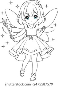 Cute kawaii fairy with sparkling wings holding magic wand isolated on white background outline coloring page for kids