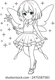 Cute kawaii fairy with sparkling wings holding magic wand isolated on white background outline coloring page for kids