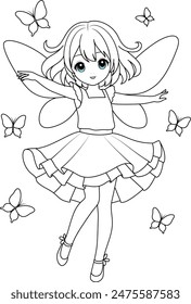 Cute kawaii fairy with sparkling wings playing with butterflies isolated on white background outline coloring page for kids